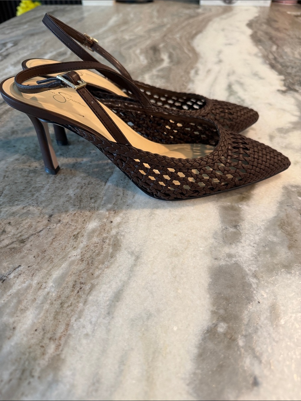 Jessica Simpson Woven Pointed-Toe Slingback Heels in Dark Brown